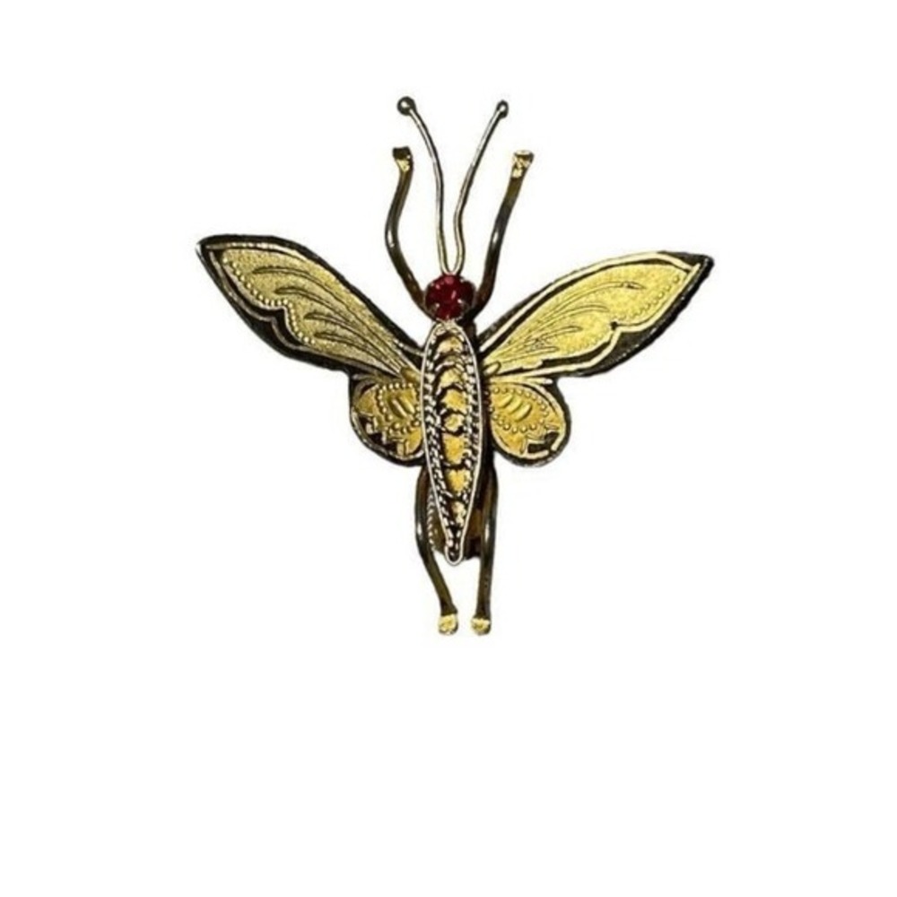 Vintage Butterfly Pin Fairy Brooch Gold Tone Metal Black Red Stone Crystal